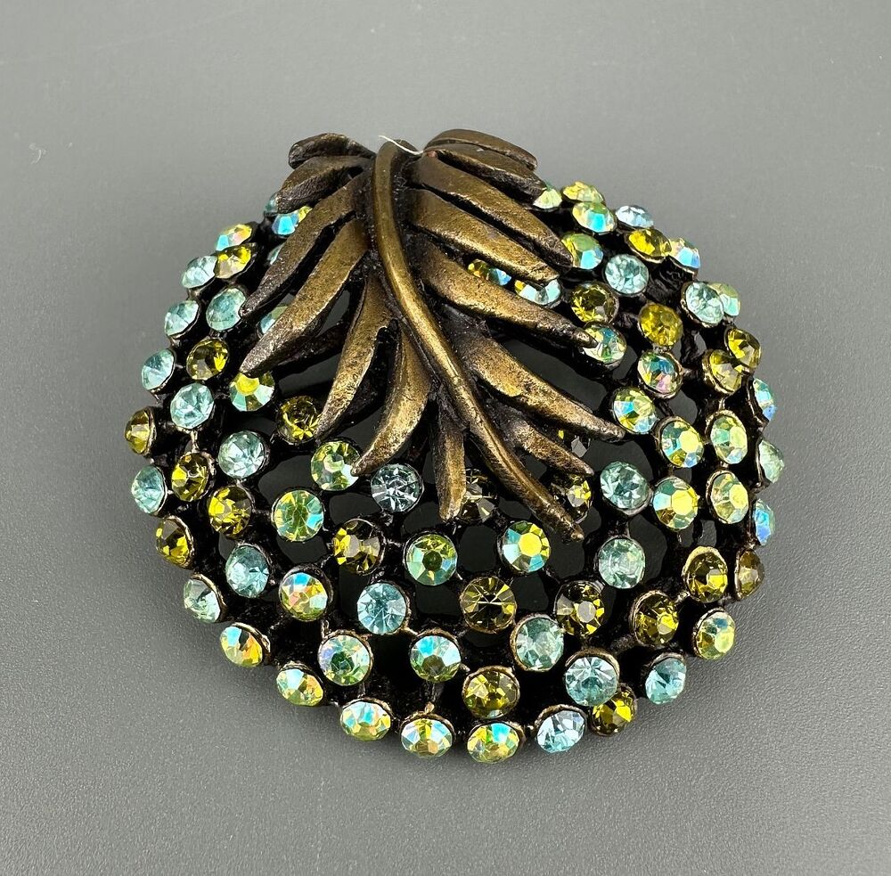 Vintage AB Rhinestone Leaf Brooch Antiqued Gold Tone Blue Green Stones Signed